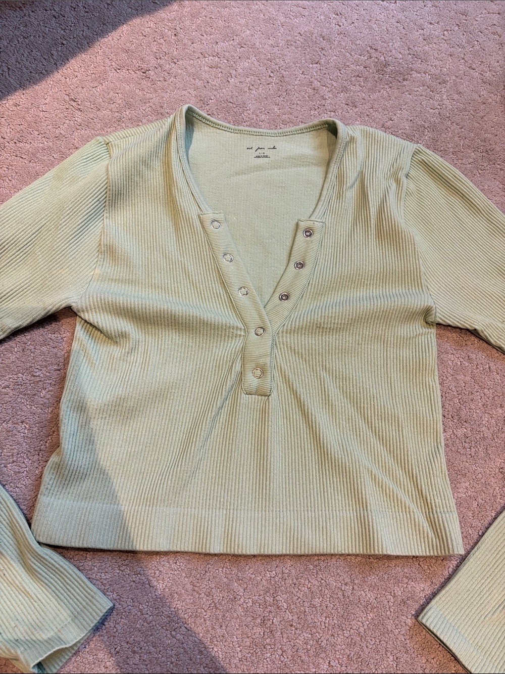 Urban Outfitters Ribbed Henley Long Sleeve Top in Light Sage
